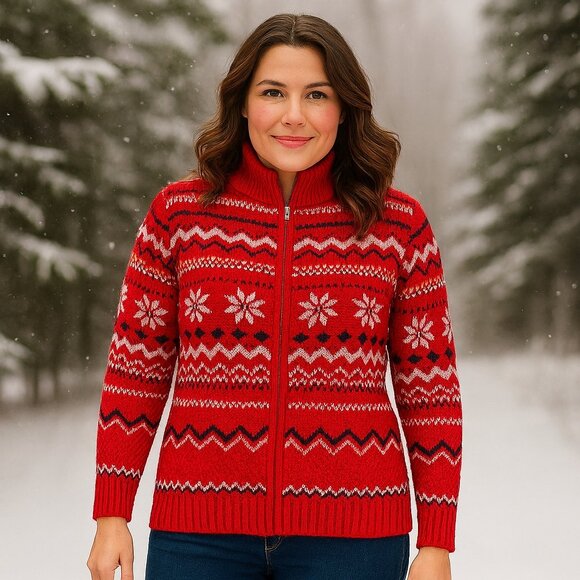 VTG Breckenridge Fair Isle Nordic Zip Front Red Cardigan Sweater Sz XL NEW - Picture 9 of 12